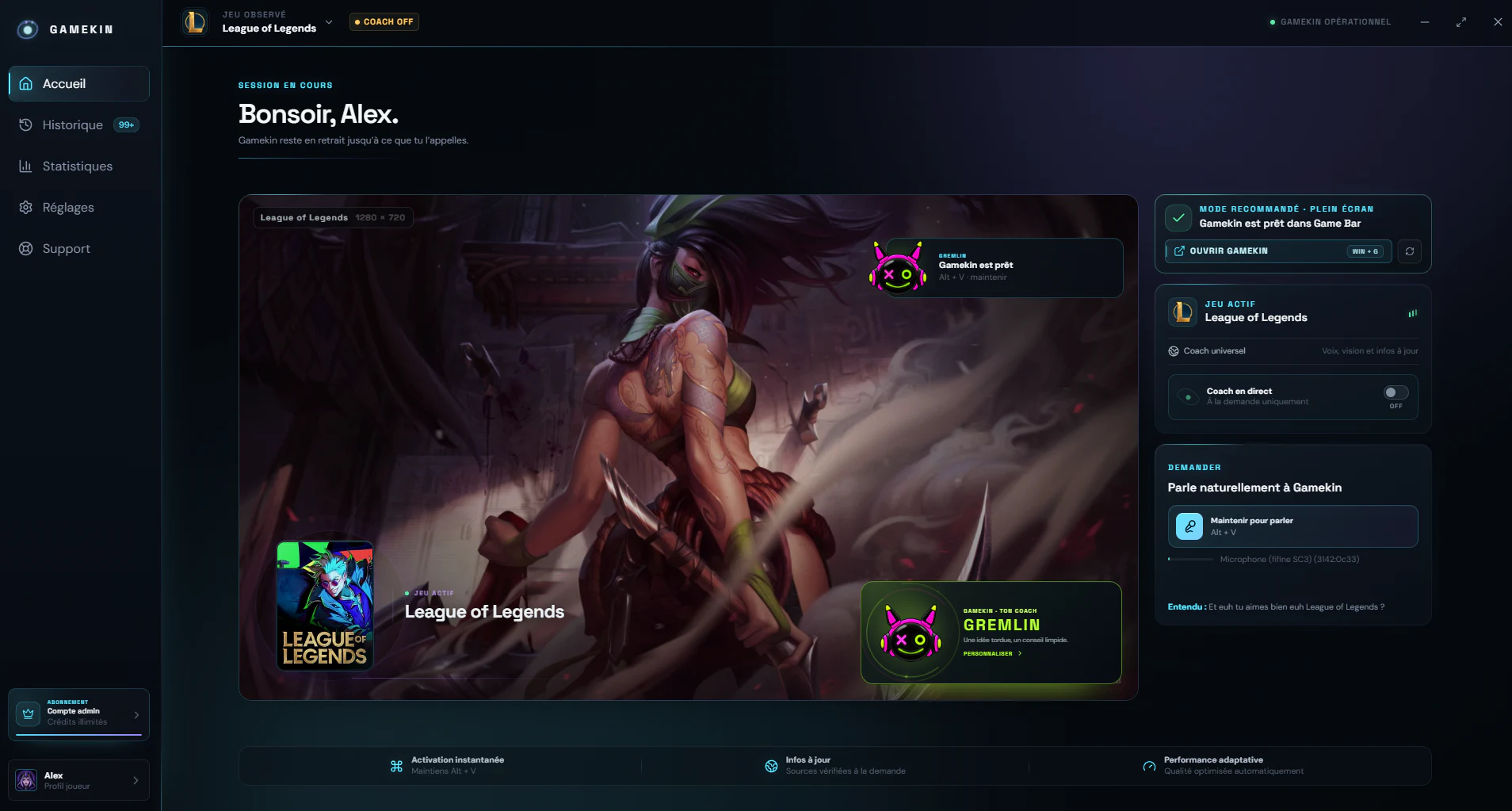 Centre de contrôle Gamekin en français avec League of Legends et le coach Gremlin