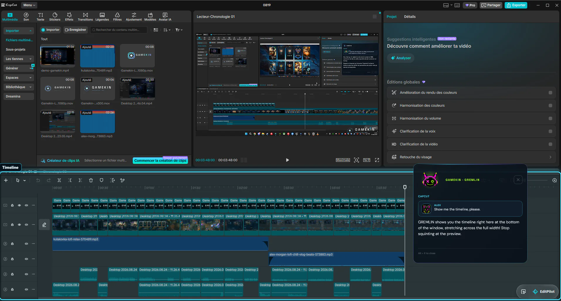 Gamekin identifies a video editing timeline in CapCut and answers in English inside its widget