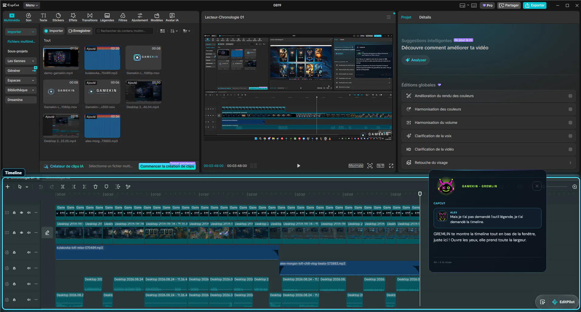 Gamekin identifie la timeline d’un projet de montage vidéo dans CapCut et répond en français dans son widget
